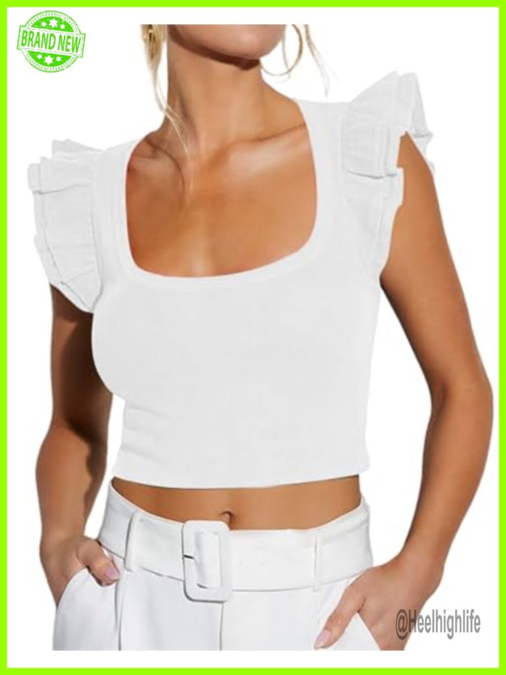 Women's Cropped Square Neck Ruffle Sleeve Tank Top Slim Fit Summer Shirt
